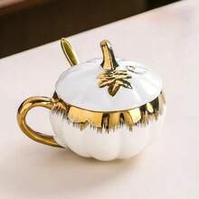 1pc Ceramic Pumpkin Shaped Mug With Lid And Spoon, Reusable Insulated Cup For Hot And Cold Drinks, Hand Wash Only, 2 Colors (Orange And White), Suitable For Home, Office, Breakfast, Summer And Winter, Coffee Shop Accessory, Seasonal Beverage, Holiday Drink, Durable Coffee Cup - Multicolor - View 6