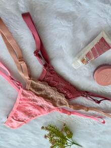 Kit Of 3 Lace Panties With Double String And Side Adjustment. Comfortable, Transparent Fabrics, Lingerie, Intimate Fashion, Perfect Fit. - Multicolor - View 2