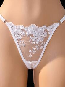 Romantic White See-Through Mesh Fabric ,2pcs/Set Women's Mesh Embroidered Lingerie Set, Comfortable Fit, Novelty & More Clothing, Sexy Intimates Bra & Thong For Women, Spaghetti Straps, Alluring, Perfect For Romantic Nights - 白色 - 查看 6