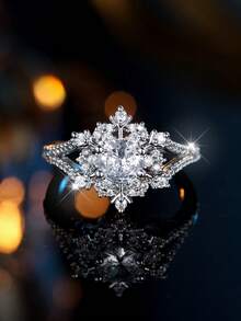 1 chiếc nhẫn Cubic Zirconia mạ K màu trắng thanh lịch thiết kế hình bông tuyết trắng dành cho nữ, thích hợp cho Giáng sinh, tiệc tùng, đeo hàng ngày, mọi mùa - trắng - Xem 4