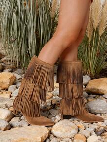 Women's Vintage Western Fringe Boots Pointed Toe Stiletto High Heel Mid Calf Boots Retro Fashionable Tassel Countryside Riding Dress Shoes Woman - 駝色 - 查看 1