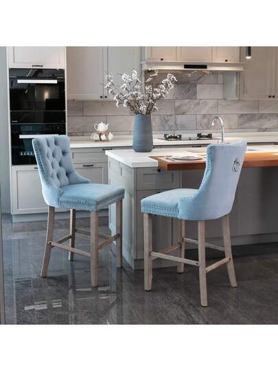 Contemporary Fluwelen Upholstered Button Tufted ation Wooden Legs, Chrome Studded Head ation, Bar Chairs, Stools, Set Of 2, DE2002OG