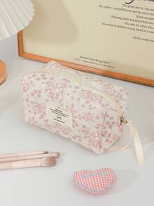 Pink Flower Pattern Cosmetics Storage Bag Soft Corduroy Makeup Bag Set Foam Quilted Home Items Storage Bag Large Capacity Travel Cosmetics Bag Set Retro Floral Print Makeup Handbag Portable Handheld Toiletry Bag Vintage Style Skincare Storage Bag Practical Makeup Brushes Organizer Bag - Pink - View 10