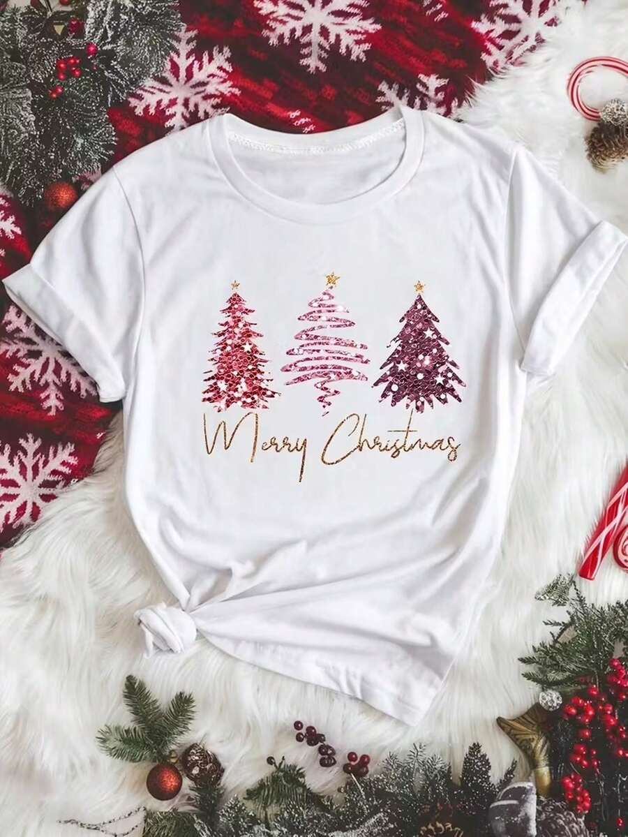 Camiseta navideña de mujer con cuello redondo y manga corta, diseño holgado y casual con estampado de Papá Noel, renos y gorros navideños. Ideal para las fiestas, vacaciones o viajes durante la Navidad. Su tela suave y ligera brinda comodidad y un estilo festivo encantador. - Blanco - Ver 1