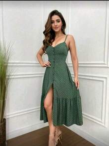 Women's Long Dress With Ruffle And Buttons At The Front – Romantic Polka Dot Style With Adjustable Straps And Cups Spring And Summer - 綠色 - 查看 3