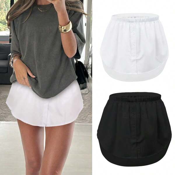 2pcs/Set Women Casual Elastic Waist Button Decor Asymmetrical Hem Cover Bottom Skirt, Perfect Match With Jeans And Leggings