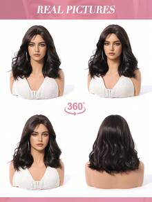 Topshe 14吋黑色中長波浪捲髮假髮，優雅時尚，適合女性，完美適用於萬聖節及其他節日慶祝，耐熱合成纖維假髮，適用於日常配戴、Cosplay、節日場合，也是送給朋友的絕佳禮物 - 黑色 - 查看 8