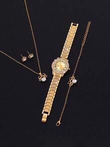 1 套女士手表华丽时尚石英手表满镶钻石水钻和蝴蝶吊坠项链、耳环、手链首饰套装非常适合日常佩戴、生日礼物、派对、节日聚会，也是送给自己或朋友的理想礼物（不含盒子） - 金色 - 查看 3