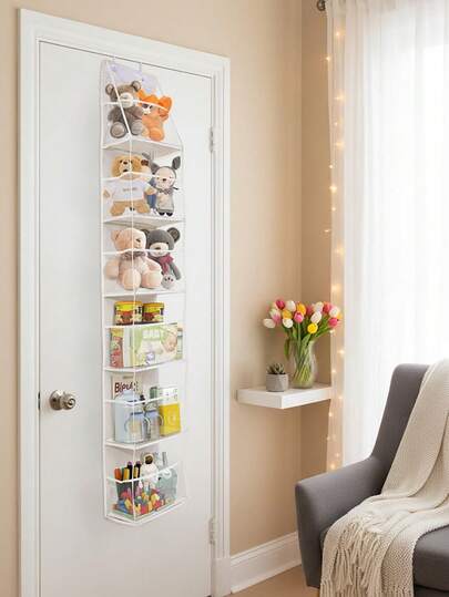 1入組6層門掛式掛袋，帶2個掛鉤，米色網狀掛袋，可用於放置填充動物玩具、衣服、食物，折疊式PVC衣櫥門背掛袋收納組