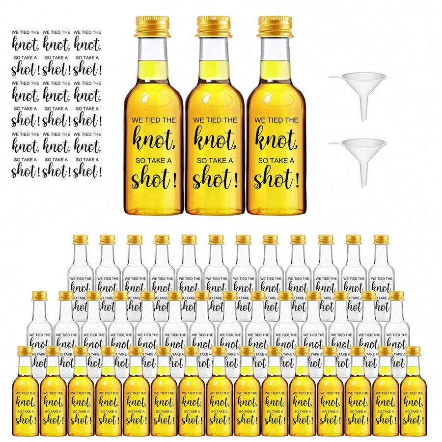 40/5个迷你婚礼葡萄酒瓶，饮料分配瓶，透明塑料空瓶，配有金色、银色和黑色螺旋盖，附赠“我们结婚了，喝一杯！”黑色标签，非常适合用作婚礼回礼、生日派对、婚礼装饰、户外派对用品。