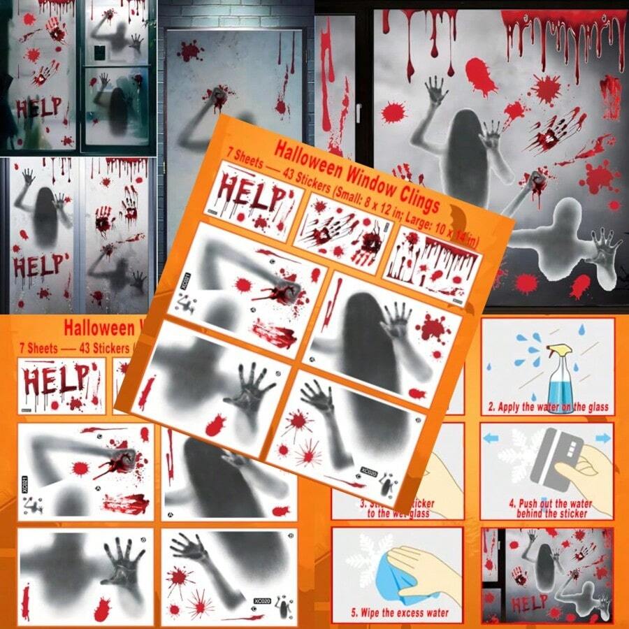 Halloween Window Clings 7 Sheets 43 PCS Double Side Halloween Window Stickers Removable Glass Decals For Halloween Window Decorations Indoor