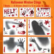 Halloween Window Clings 7 Sheets 43 PCS Double Side Halloween Window Stickers Removable Glass Decals For Halloween Window Decorations Indoor