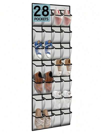 28口袋门上鞋柜：坚固耐用，配备4个金属挂钩，最大限度提升储物容量。节省空间的设计，可收纳鞋子、配饰等。非常适合衣橱、公寓、宿舍和卧室。是注重收纳的房主和注重空间的成年人的理想之选。