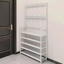 Multifunctional Metal Storage Rack With 8 Double Hooks, 5 Tier Clothes Hat Shoes Organizer Suitable For Bedroom, Living Room, Entrance And Office, Easy To Assemble