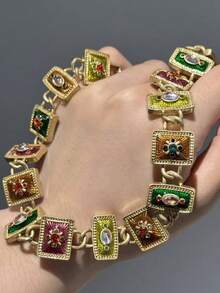 Conjunto de joyería vintage con acabado envejecido de collar y pulsera de cobre chapado en oro de 18K con diseño geométrico cuadrado de esmalte en relieve, accesorios para bodas