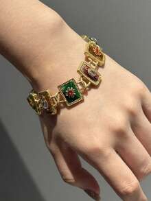 Conjunto de joyería vintage con acabado envejecido de collar y pulsera de cobre chapado en oro de 18K con diseño geométrico cuadrado de esmalte en relieve, accesorios para bodas