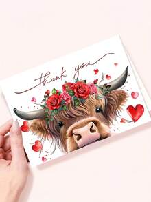 1pc Highland Cow Valentine's Day Thank You Card With Envelope, Cute Scottish Cow Design, Blank Greeting Card For Anniversaries, Weddings & Friendship, Valentine's Gift For Partner, Him, Her And Cow Lovers