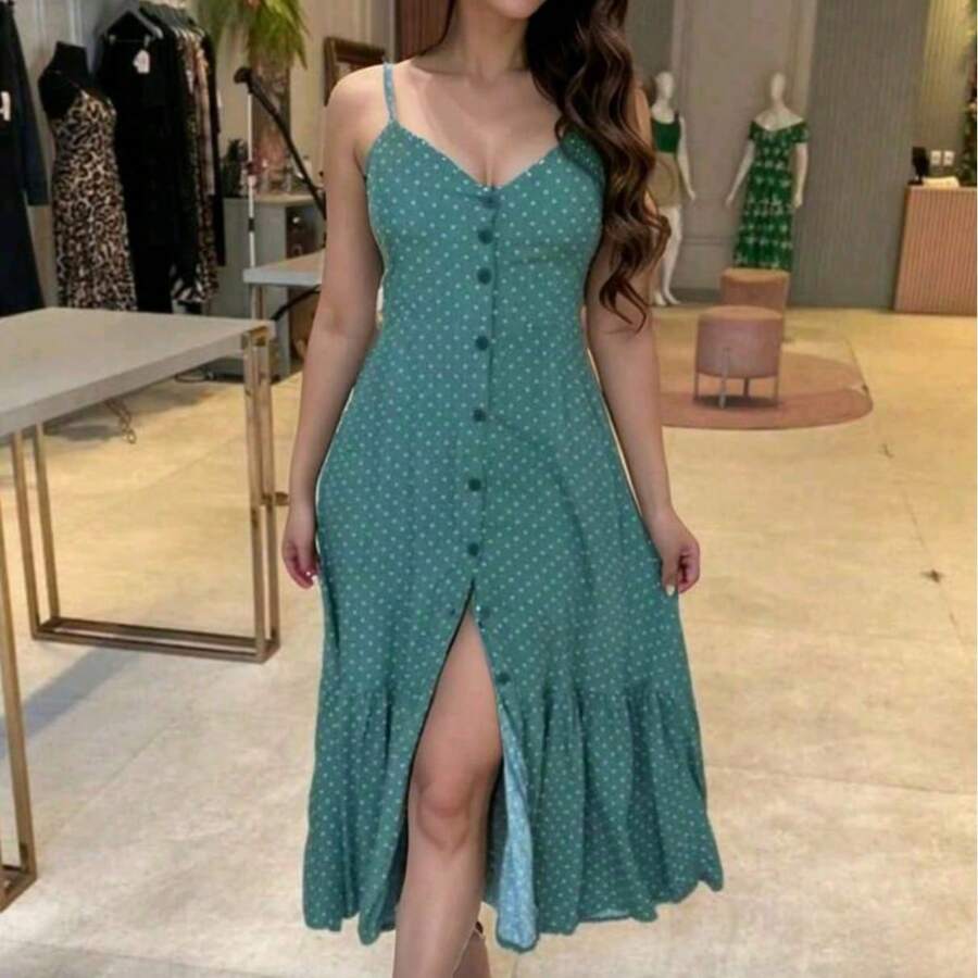 Women's Long Dress With Ruffle And Buttons At The Front – Romantic Polka Dot Style With Adjustable Straps And Cups Spring And Summer - 綠色 - 查看 1
