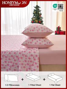 3/4-teiliges Weihnachts-Wort HO bedrucktes Bettwäsche-Set mit Kissenbezügen, leichte, wolkenartige Haptik, knitterfrei, schrumpffrei, bestehend aus Spannbettlaken*1+Bettlaken*1+Kissenbezug*1/2, Spannbettlaken mit tiefer Tasche, für alle Bettgrößen, Oeko-Tex zertifiziert