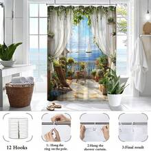 1PCS Coastal Scenery Shower Curtain Ocean View With Sailboats And Greenery Beautiful Outdoor Landscape Bathroom Decor Polyester Fabric Bath Curtain 70.8x70.8 Inch With 12 Hooks - 彩色 - 查看 5