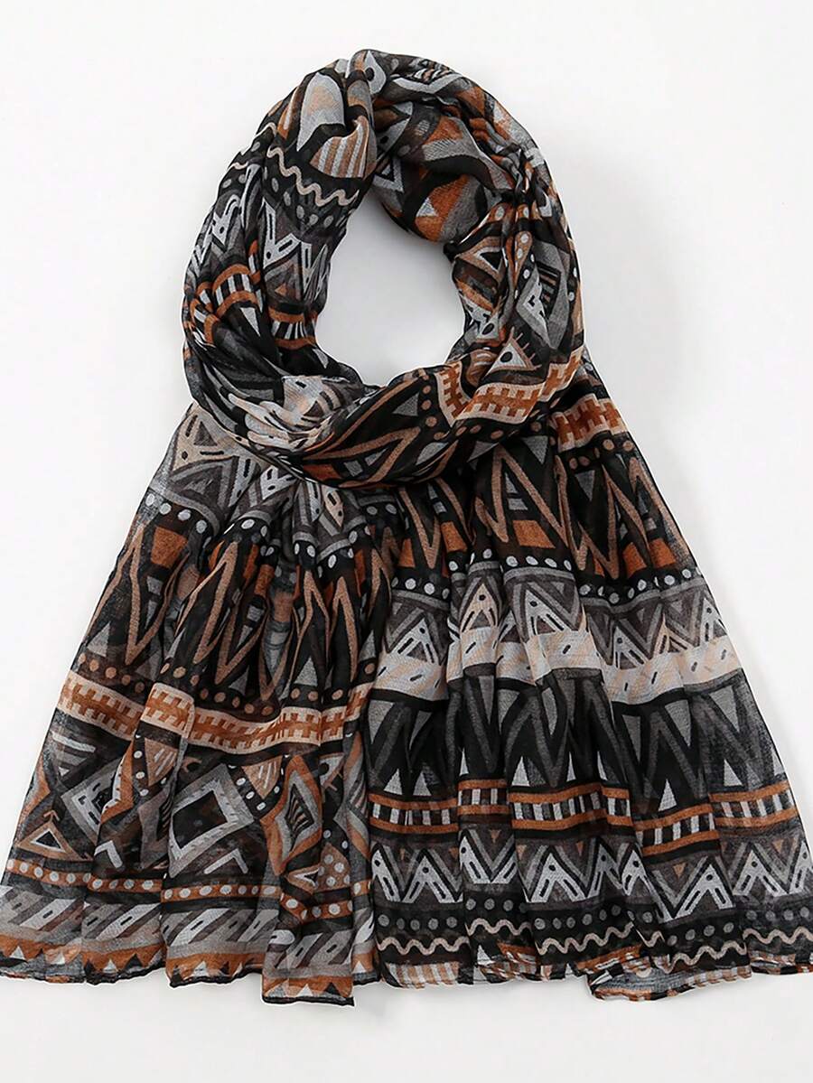 1pc Rhombus Pattern Casual Polyester Balinese Chiffon Retro Printed Scarf, Colorful Geometric Design, Autumn/Winter For Dress