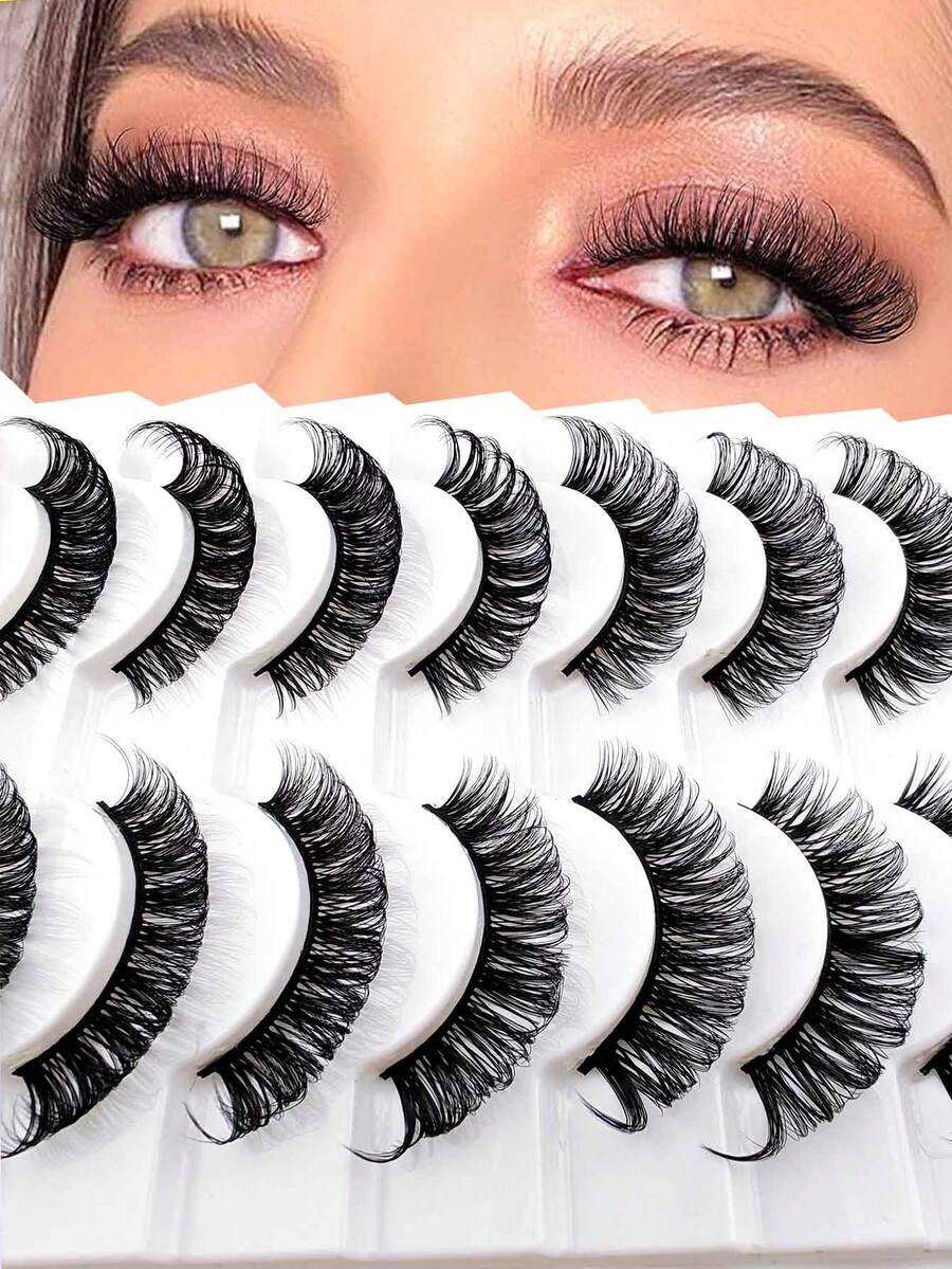 10 Pairs D Curl Russian Strip False Eyelashes Cat Eye Lashes Natural Look Fluffy Faux Mink Lashes Volume Wispy Long Foxy Eye Lifting Look Fake Eyelashes - 黑色 - 查看 1