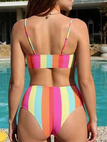 Swim Mod Summer Beach Rainbow Striped Bikini Set Cami Bra & High Waisted Bottom 2 Piece Bathing Suit - Multicolor - View 5