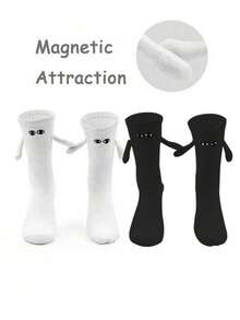 1/2 Pair Magnetic Couple Socks, Cute Stick-Together Automatic Foot Holding Mid-Calf Socks, Spring/Autumn - Black and White - View 7