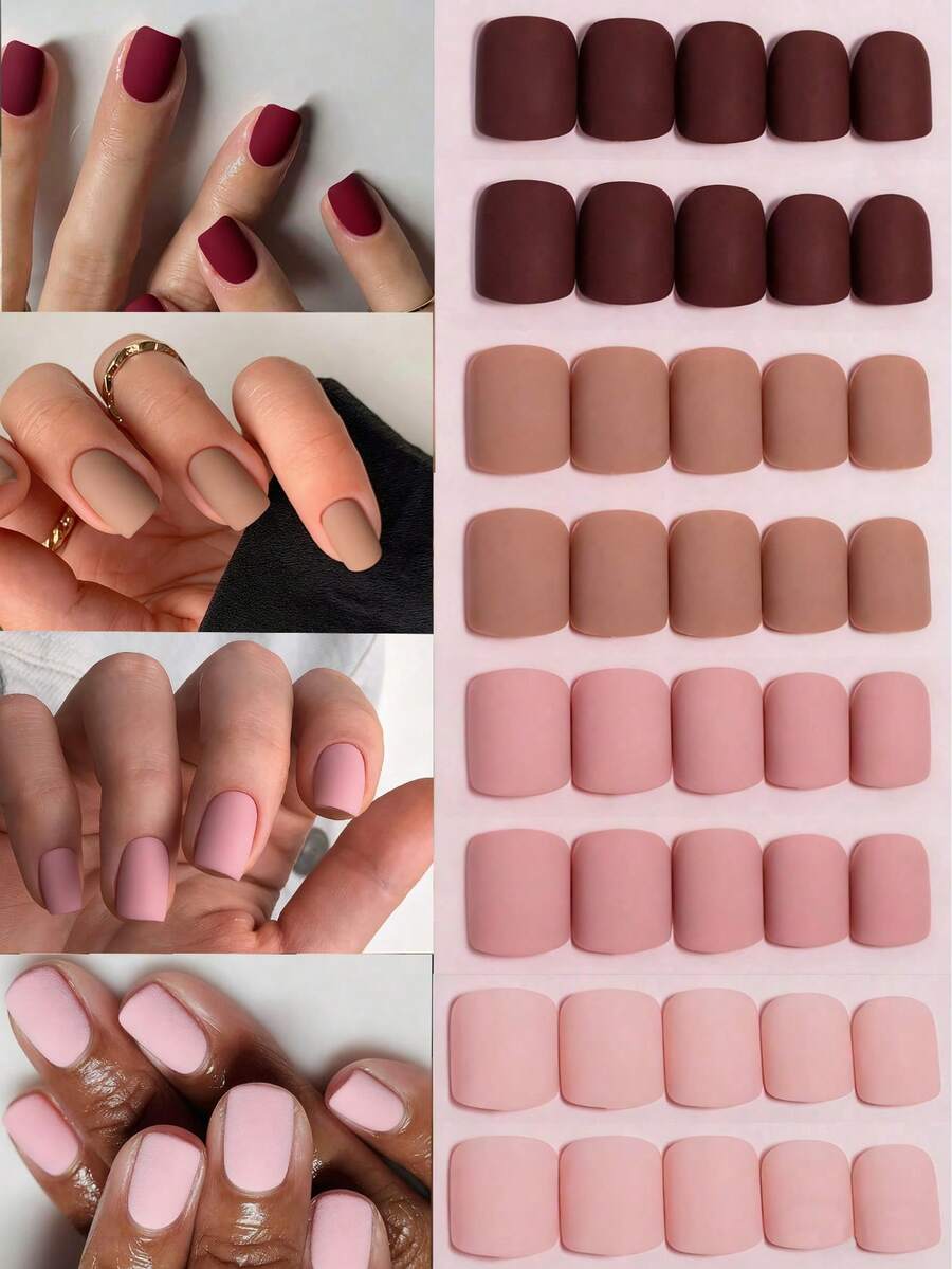 ARTAUG 96片纯色4种不同裸色亮面可佩戴美甲贴纸，可爱Abrazine短方形假指甲，可卸式成品假指甲，按压式美甲贴纸，新年礼物送给女性和女孩的美甲用品