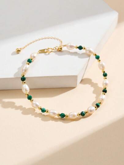 AETOLIA Braccialetto in argento sterling S925 con perle d'acqua dolce naturali, design originale fatto a mano con turchese/lapislazzuli/malachite/amazonite/granato, stile vintage da fata, catena scorrevole regolabile, adatto per uso quotidiano, pendolarismo, matrimonio delle donne