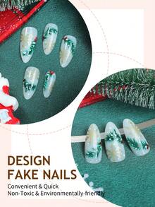 24 pezzi di unghie finte a mandorla di media lunghezza di stile natalizio, con decorazioni ad albero di Natale verde e fiocchi di neve dorati, in stile Y2K, set di unghie finte acriliche per ragazze e donne, decorazioni per salone di unghie per le vacanze