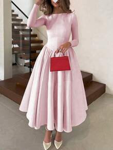 فستان طويل أنيق وعصري بأكمام طويلة وطيات، لون أحادي مناسب للشتاء للنساء، مناسب للمناسبات الرسمية والحفلات والمدرسة والمكتب والعطلات في فصلي الخريف والشتاء - وردي - مشاهدة 5