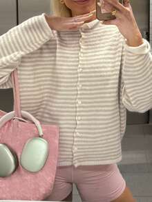 Womens Striped Cardigan Sweater Casual Crew Neck Open Front Button Down Long Sleeve Knit Sweaters Fall Outerwear - 淺黃色 - 查看 2