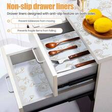 Revestimiento antideslizante adhesivo para estantes y cajones, almohadilla protectora de EVA, resistente al agua, al aceite y al polvo, antideslizante, adecuado para gabinetes de cocina, cajones, encimeras, material duradero, se puede recortar al tamaño deseado, ideal para cocinar en casa - Blanco - Ver 8