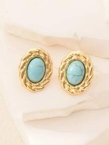 2pcs Stainless Steel Turquoise Stud Earrings, Suitable For Women's Daily Wear