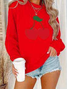 Heart-Shaped Cherry Pattern Printed Sweatshirt - Women's Casual Long-Sleeved Round Neck Autumn And Winter Sweatshirt - Machine Washable Polyester - Plus-Size Women's ClothingFashionable Women's Clothing - Đỏ - Xem 1