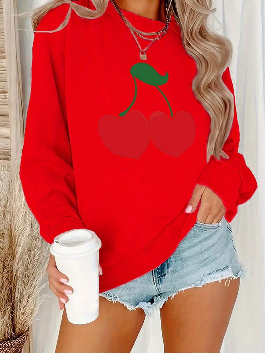 Heart-Shaped Cherry Pattern Printed Sweatshirt - Women's Casual Long-Sleeved Round Neck Autumn And Winter Sweatshirt - Machine Washable Polyester - Plus-Size Women's ClothingFashionable Women's Clothing - Đỏ - Xem 1