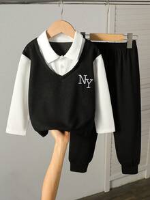 2 件套男童 Polo 衫和字母华夫格刺绣长袖上衣和裤子套装，春秋 - 黑色 - 查看 1