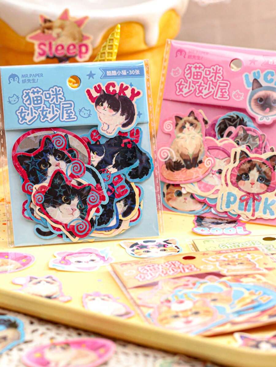 30 件猫主题贴纸包，自粘，可爱宠物设计，适合剪贴簿和日记 - 彩色 - 查看 1
