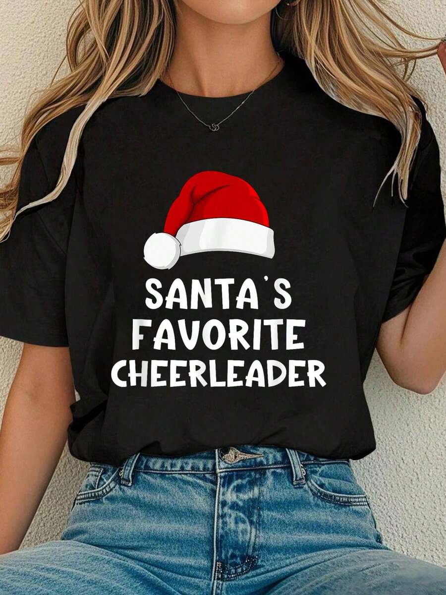 Women Cotton Tshirt Christmas Santa's Favorite Cheerleader Funny Cheerleading T-Shirt Comfort Tshirt Women - màu đen - Xem 1