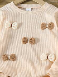 2 件女童休闲蝴蝶结柔软舒适华夫格针织长袖上衣和喇叭裤套装，适合户外穿着，秋冬