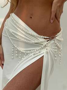 1pc Bohemian Fashion Baroque Faux Pearl Multilayer Tassel Sexy Body Chain, Vintage Ocean Element Starfish Shell Conch Pendant Tassel Waist Chain And Vest Chain, Women Beach Resort Decor Body Jewelry