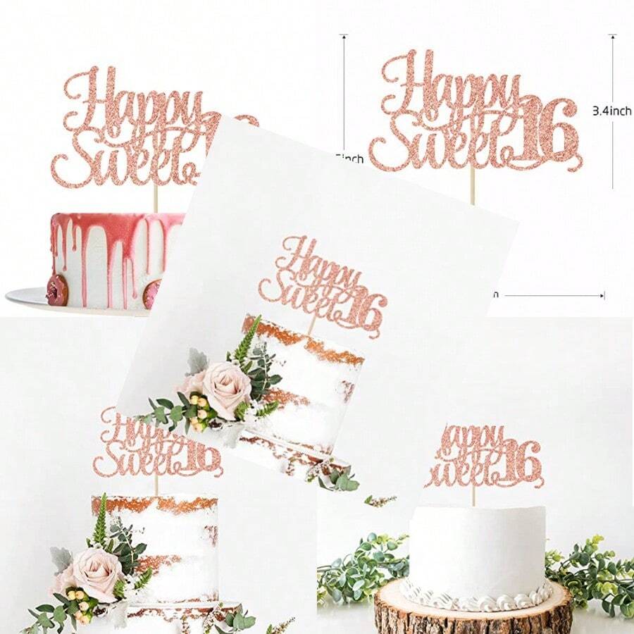 Rose Gold Glitter Happy Sweet 16 Cake Topper Happy 16th Birthday Cake Decor Hello 16 Cheers To 16 Years Birthday Party Decoration Plies - như hình ảnh - Xem 1