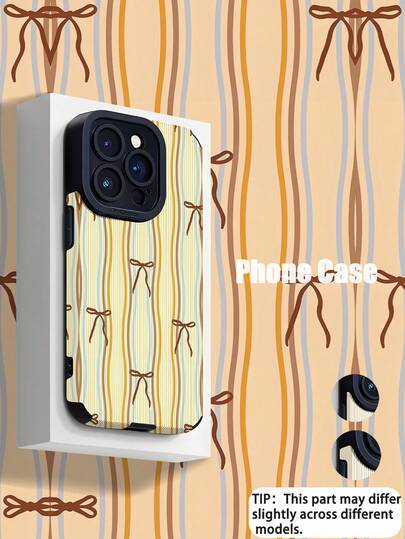 1pc Minimalist Striped Bow Design Vertical Texture High-Quality Faux Leather Shockproof Anti-Fingerprint Phone Case, Suitable As Birthday, Holiday Gift For Friends, Family, CoupCompatible With AppleApple Sung Models