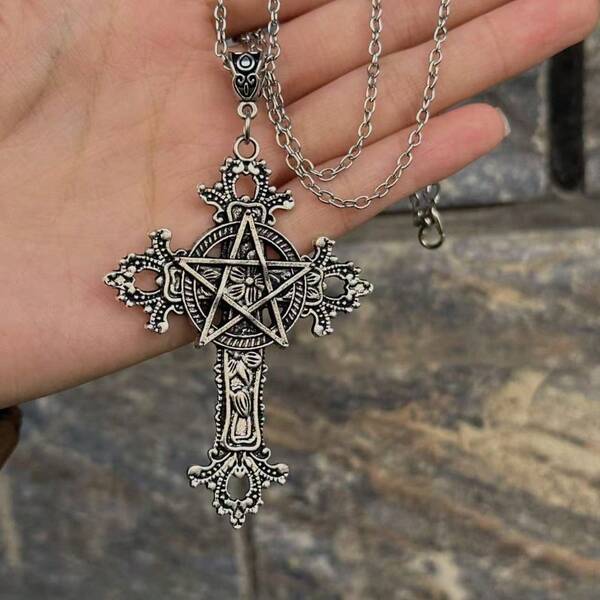1 Stück Silber Punk Gothic Vintage umgekehrtes Kreuz geschnitzter Kreuz Anhänger Halskette, geeignet für Frauen, Halloween Geschenk, Party Geschenk, Urlaubsgeschenk