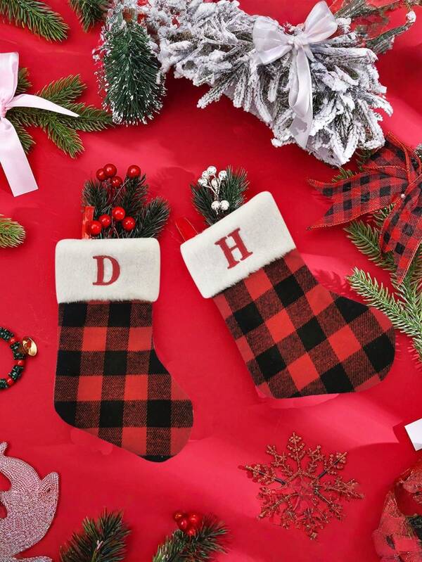 1 件圣诞袜经典红黑色水牛格子圣诞袜装饰带毛绒袖口、场景装饰、节日装饰、房间装饰、走廊装饰、窗户装饰、办公室装饰、圣诞装饰圣诞礼品袋吊坠红色 Haig 字母袜子