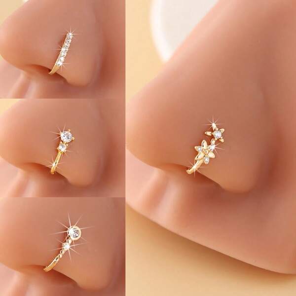 Conjunto de 4 piercings de nariz minimalistas com estampa floral, cravejados com zircônias cúbicas, piercing falso sem furo, anéis de nariz modernos para uso diário.