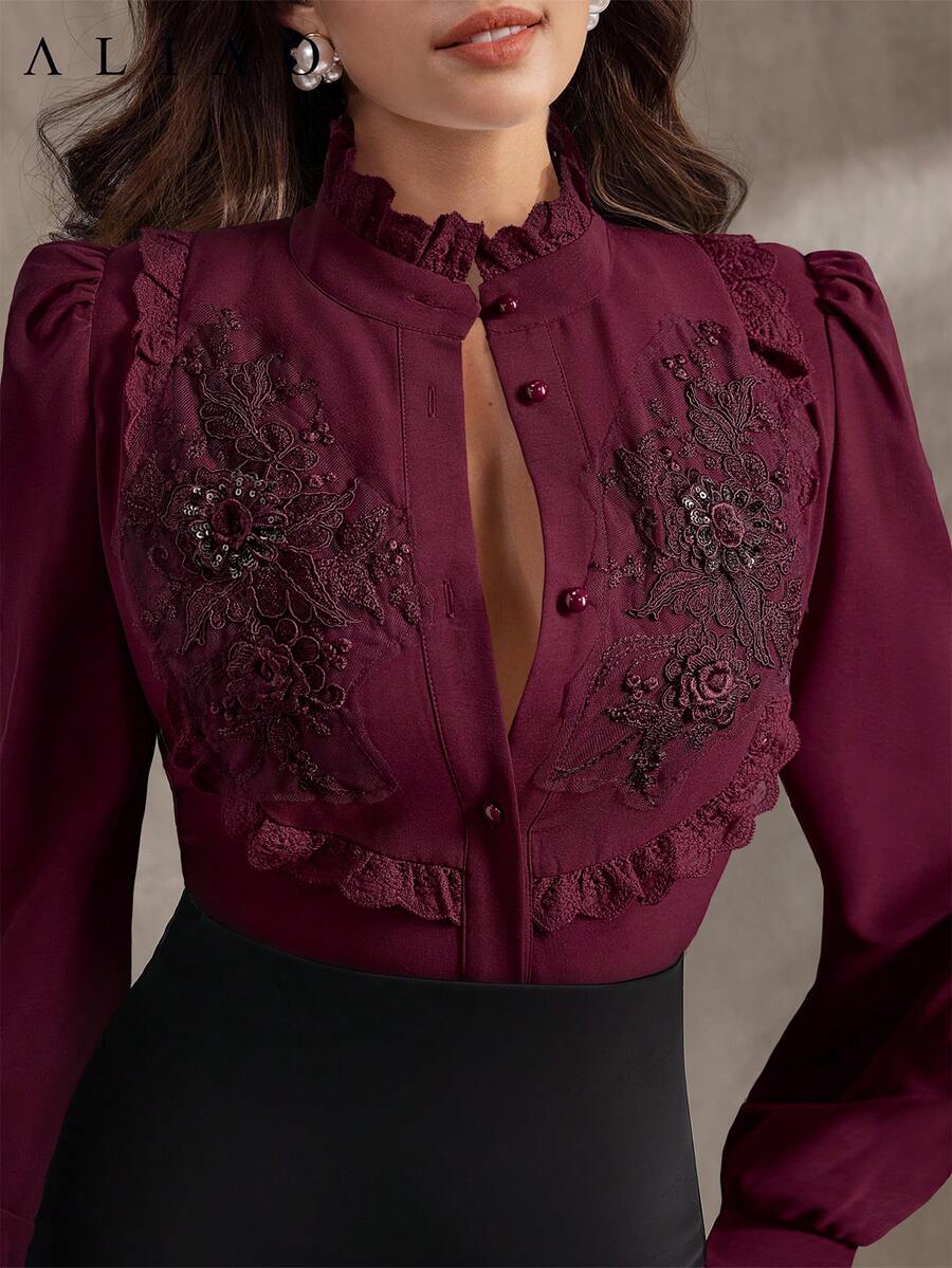 Aliao Spring/Summer Luxury 3D Floral Embroidery Ruffle Hem Blouse, Bohemian Style Business Casual Elegant Shirt For Wedding Party, Suitable For Valentine's Day, Wedding, New Year, Office, Outfit - Burgundy Vacation - Burgundy Red - View 1