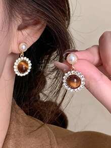 1 Pair Elegant French Retro Luxury Rhinestone & Tiger Eye Geometric Earrings, Fashionable For Women's Daily, Holiday, Party Wear