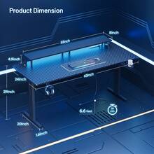 HLDIRECT Gaming Desk With LED Lights & Power Outlet, Computer Gamer Desk With Monitor Stand, Ergonomic Carbon Fiber Gaming Table Home Office Desk With Cup Holder, Headphone Hook & Mouse Pad - Black - View 9